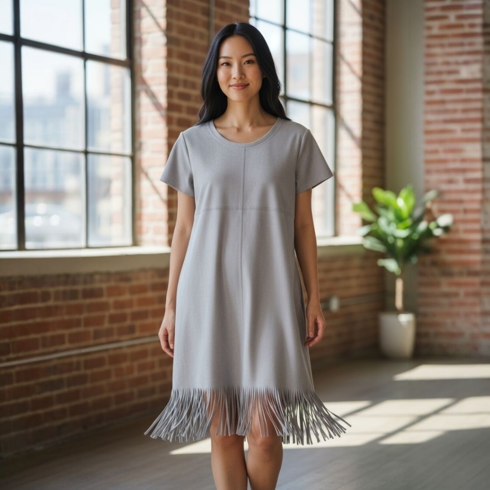 Joh Faux Suede Fringe Boho Western A-Line Midi Dress Silver Gray Size M